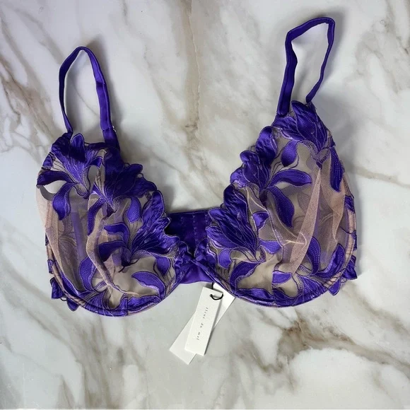 NWT Fleur Du Mal Purple Pansy Embroidery Plunge Silk Demi Bra 36G
